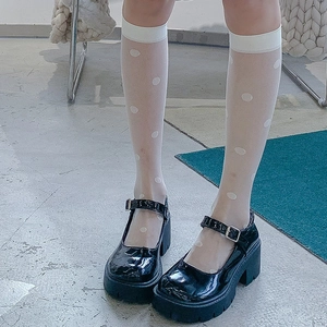 Japanese Lolita style sheer white knee high socks with polka dots and wide ribbed cuffs