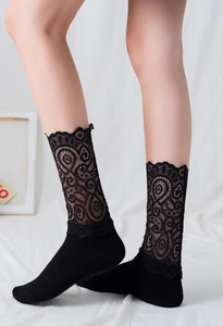 Gros plan de chaussettes en dentelle noire avec motifs ajourés élégants et bords ondulés