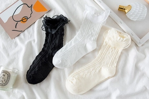 Detailed knit patterns and lace ruffles on sweet Lolita heart socks in three colors