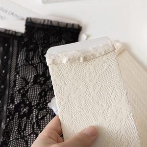 Close-up of intricate floral lace patterns and ruffled cuffs on mesh crew socks