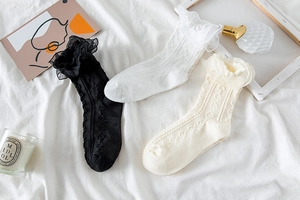 Detailed lace trim and wave knit pattern on white, beige, and black Lolita socks