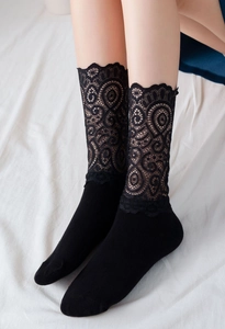 Vue détaillée de la maille dentelle noire élégante sur des chaussettes mi-mollet