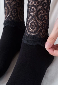 Vue macro détaillée de la bordure en dentelle noire et texture côtelée sur chaussettes
