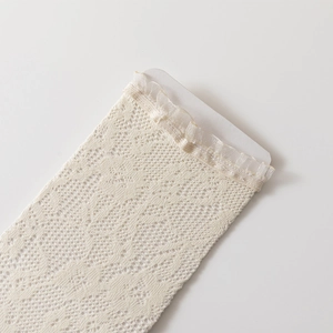 Close-up of intricate lace floral patterns and ruffled edges on white mesh socks