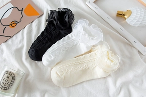 Detailed set of Lolita lace socks in black, white, and cream with organza ruffles