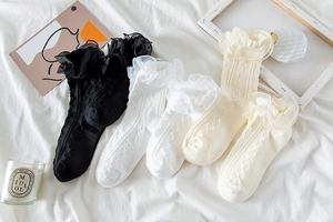 Close-up of lace ruffle socks featuring heart-shaped knit texture in three colors