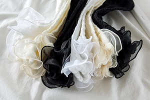 Close-up of Lolita style socks with delicate lace ruffles in black and white colors