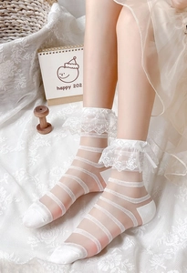 Détail de chaussettes Lolita blanches en dentelle avec nœud et texture à rayures mesh