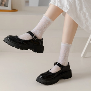 Women Crew Socks Nylon Lace Hollow Out Mesh Ruffle Frilly Trim Floral Heart Pattern Sweet Lolita Style