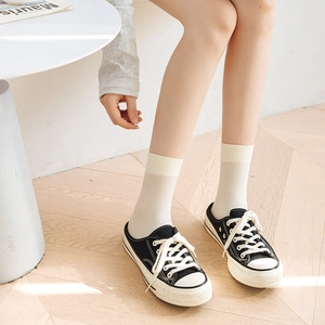 Summer ice velvet crew socks with vertical stripes worn with black canvas mule shoes