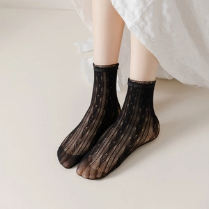 Black lace mesh socks with heart patterns and ruffled edges for JK fashion style