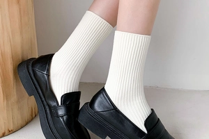 Detailed texture of white crew socks with ribbed cotton knit and black loafers