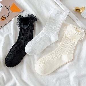 Women Sweet Lolita Lace Ruffle Crew Socks Cotton Heart Pattern JK Uniform Breathable Elegant