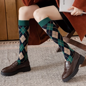 Women Argyle Knee High Socks Cotton Knitted Preppy Style British Retro Long Calf Fashion Stockings Elastic Soft Comfort