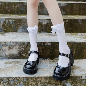 JK uniform white over-knee socks with bows and black platform Mary Jane shoes