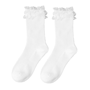 Chaussettes blanches Lolita avec doubles volants en dentelle et texture côtelée