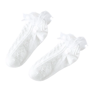 White Lolita ruffle socks with heart hollow knit and double-layer lace trimming