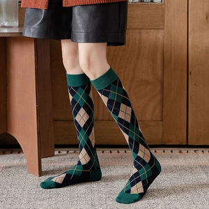 Japanese JK style argyle knee high socks in vintage green and blue knit pattern