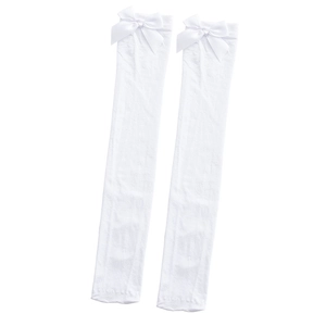 White over-the-knee socks with satin bows, sweet collegiate style knit hosiery