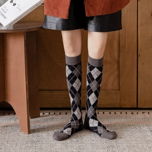 Classic argyle knee-high socks in black and grey for Japanese school style fashion
