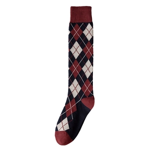 Classic British style argyle knee-high socks in navy blue, burgundy and cream knit