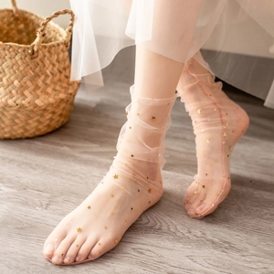 Women Mesh Slouch Socks Transparent Breathable Star Moon Gold Stamping Summer Sweet Fashion Accessory