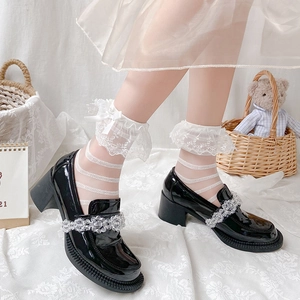 Chaussettes Lolita Femmes Mesh Transparent Cœur Rayure Dentelle Volant Nœud Papillon Doux Style Japonais Mi-Mollet