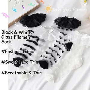Chaussettes douces en soie de verre Lolita avec dentelle, nœuds et cœurs