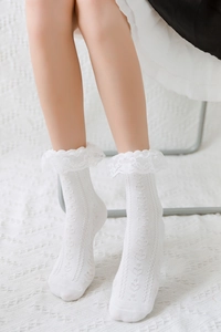 Detail of white Lolita socks featuring heart-shaped cutout texture and lace ruffle edges