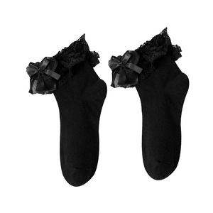 Calzini neri stile Lolita con balze in pizzo a strati e fiocchi di raso decorativi
