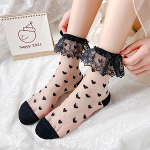 Socquettes transparentes noires à motif cœur avec dentelle et nœud en ruban