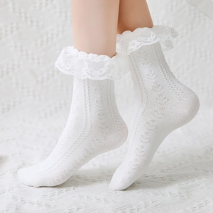Close-up of white JK lace ruffle socks with hollow knit patterns and cotton texture