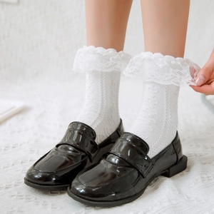 Women Cotton Crew Socks With Double Layer Lace Trim Heart Hollow Knit Sweet Lolita Japanese JK Style