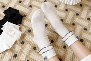 Detail of JK Lolita socks with ruffled lace edges and black white checkered bow ties