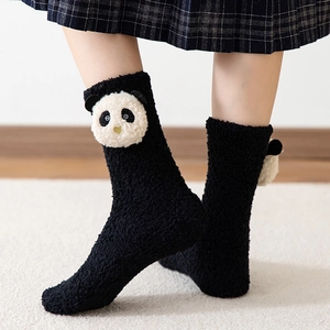 Plush coral fleece mid-calf socks with cute 3D panda detail for winter home warmth