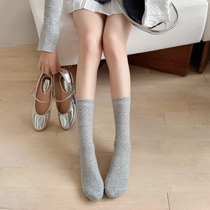 Lace trim light gray mid-calf socks with geometric jacquard for JK uniform style