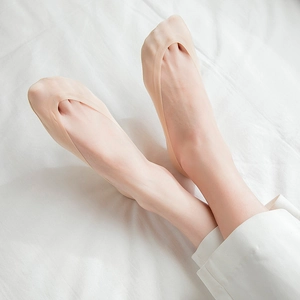 Detail of ultra-thin skin-tone invisible socks on feet with silicone non-slip edge