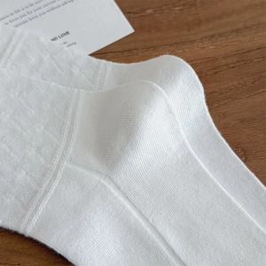 Close-up of white lace crew socks showing breathable knitted texture and fine ribbing