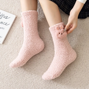 Pink coral fleece thermal socks with cute 3D bunny ears for winter home wear