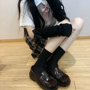 JK style bow knit leg warmers with black plaid socks and classic platform leather shoes
