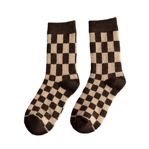Thick wool socks for women with retro brown checkered knit pattern and crew length