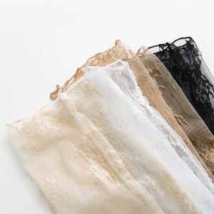 Detail of sheer lace mesh socks with floral patterns in beige, white, coffee and black