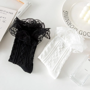 Detailed close-up of lace-trimmed Lolita socks featuring hollow heart knit patterns