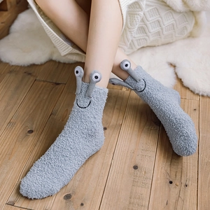 Plush grey coral fleece socks with cute cartoon snail eye decor for home warmth