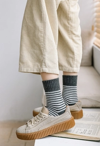 Détail de chaussettes rayées grises portées avec des baskets et un velours côtelé