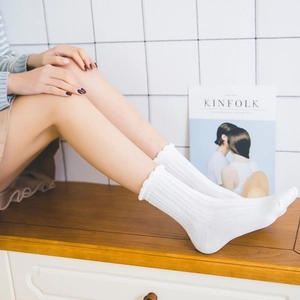 Women Cotton Blend Crew Socks With Ruffle Trim Ribbed Hollow Out Knit Lettuce Edge Retro Academy Style