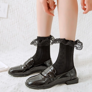 Japanese style JK lace trim black crew socks with shiny patent leather shoes