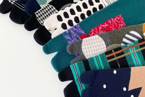 Collection of Japanese style two-finger flip-flop socks with various creative patterns