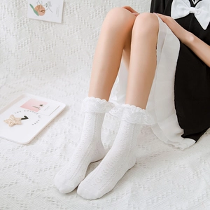 White JK Lolita knee high socks with double lace trim and heart knitted patterns