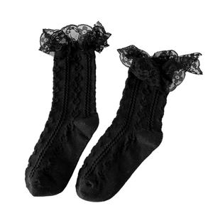 Sweet black JK lolita cotton socks with elegant lace trim and cable knit texture